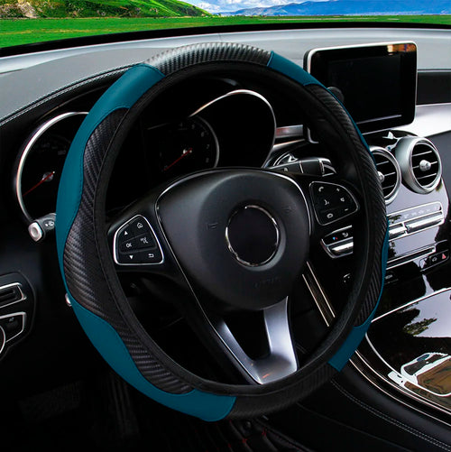 Universal Fit PU Carbon Fiber Leather Car Steering Wheel Cover 14.5-15 Inch No Inner Ring Required Vehicle Decoration Accessory