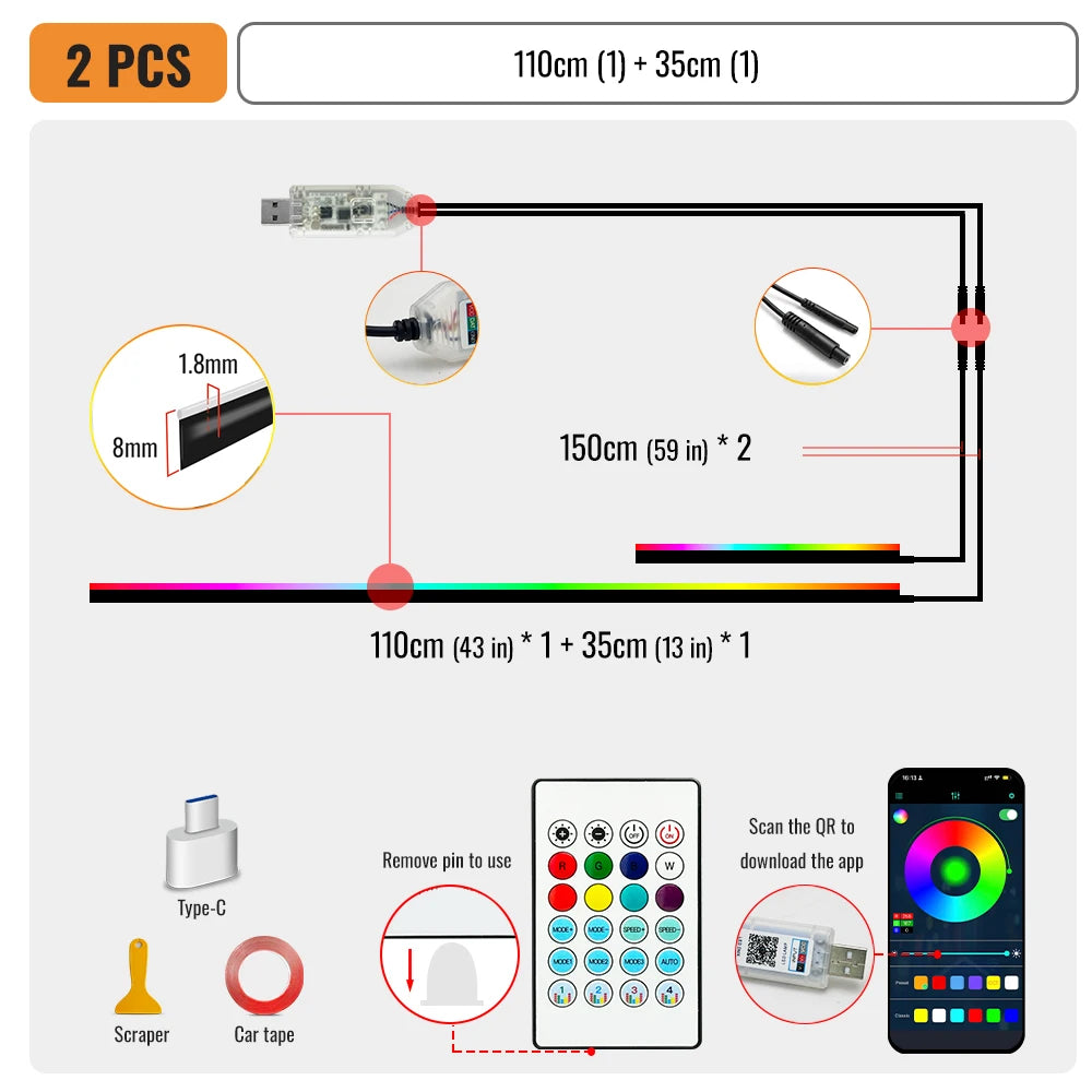 43.31 Inch Streamer Car Ambient Lights RGB 64 Color Universal LED Interior Hidden under Acrylic Strip Symphony Atmosphere Lamp