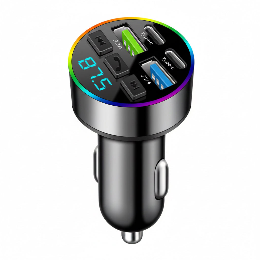 66W Fast Charge Bluetooth 5.0 FM Transmitter 4 Ports (Dual Usb+Type-C) RGB Ambient Light Handsfree Car MP3 Player