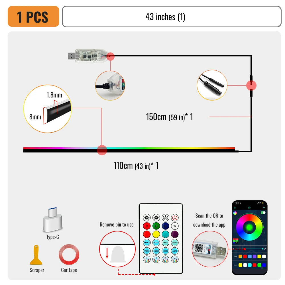 43.31 Inch Streamer Car Ambient Lights RGB 64 Color Universal LED Interior Hidden under Acrylic Strip Symphony Atmosphere Lamp
