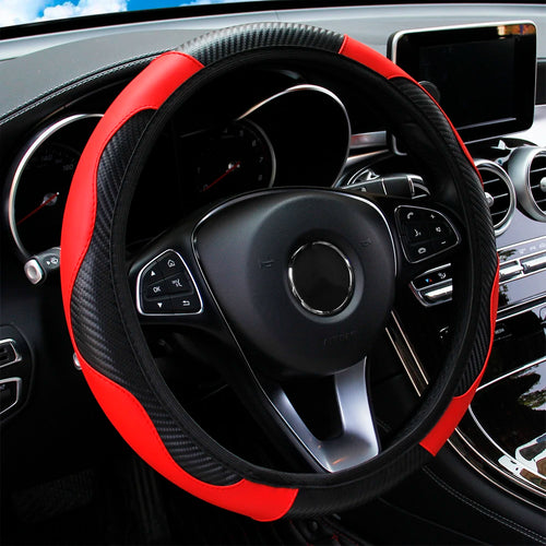 Universal Fit PU Carbon Fiber Leather Car Steering Wheel Cover 14.5-15 Inch No Inner Ring Required Vehicle Decoration Accessory