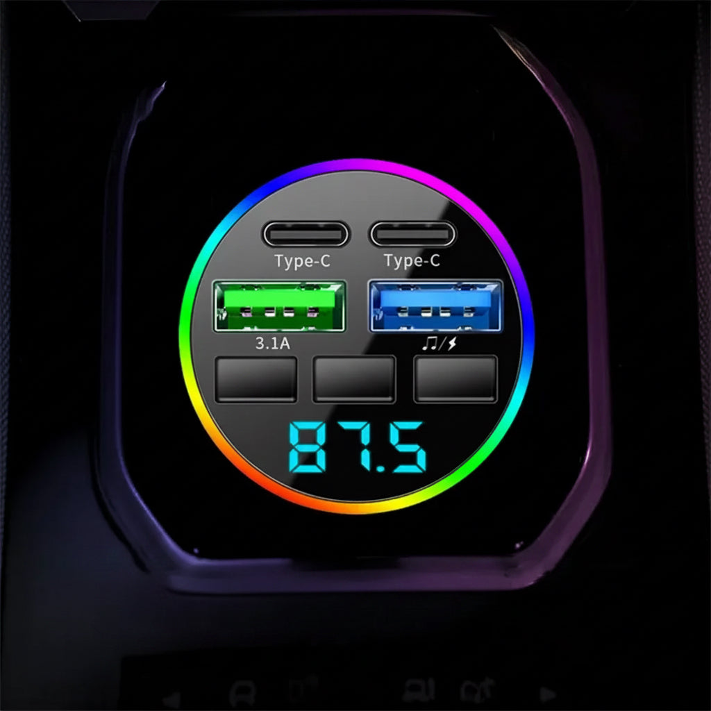 66W Fast Charge Bluetooth 5.0 FM Transmitter 4 Ports (Dual Usb+Type-C) RGB Ambient Light Handsfree Car MP3 Player