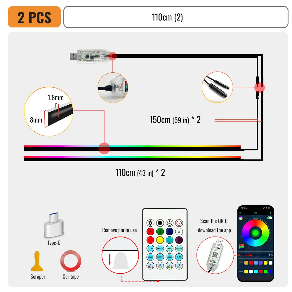 43.31 Inch Streamer Car Ambient Lights RGB 64 Color Universal LED Interior Hidden under Acrylic Strip Symphony Atmosphere Lamp