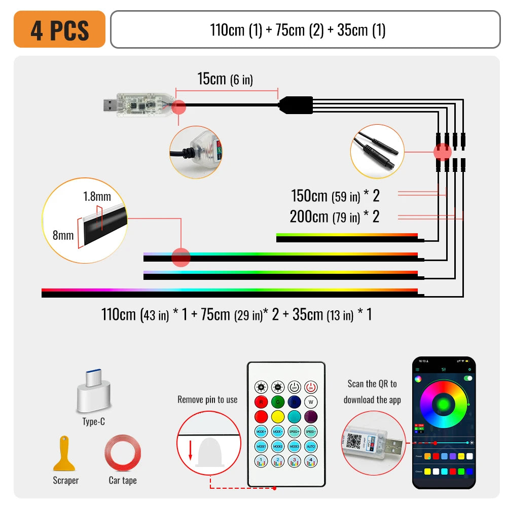 43.31 Inch Streamer Car Ambient Lights RGB 64 Color Universal LED Interior Hidden under Acrylic Strip Symphony Atmosphere Lamp